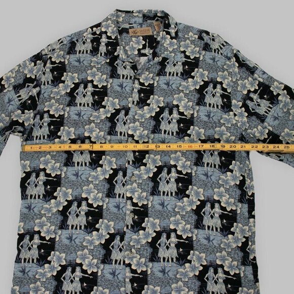 Vintage LORD & TAYLOR Aloha Camp Shirt Mens L Blue Rayon Hawaiian Hula Dancers - Picture 7 of 10
